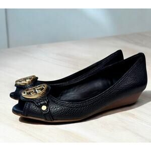 Tory Burch Leticia 30MM Tumbled Leather Open Toe Wedge Size 6.5M